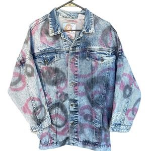 WHIPP AUTHENTIC Denim Jacket Distressed Acid Wash Graphic Print Oversized Medium